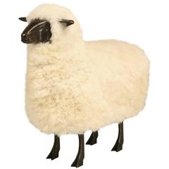 Lalanne Style Sheep in Solid Bronze with Real Sheep Fur and a Dark Patina