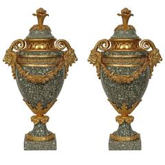 Pair of French 19th Century Louis XVI Style Vert Campan Marble and Ormolu Urns