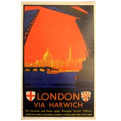 Affiche originale des années 1930 sur les chemins de fer de Londres et du Nord-Est, London Via Harwich LNER