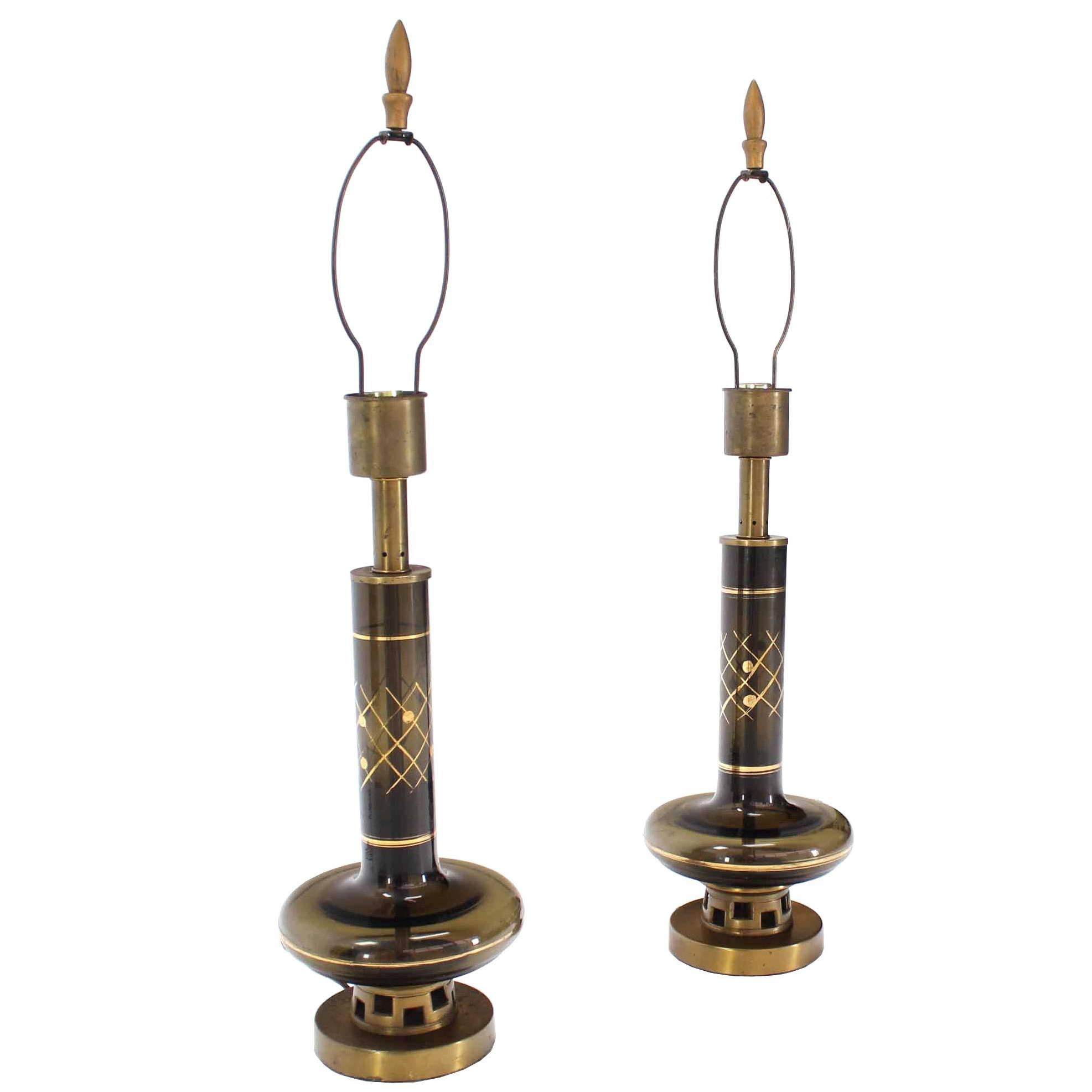 Pair of Gold Decorated Smoked Glass Turned Shape Table Lamps 