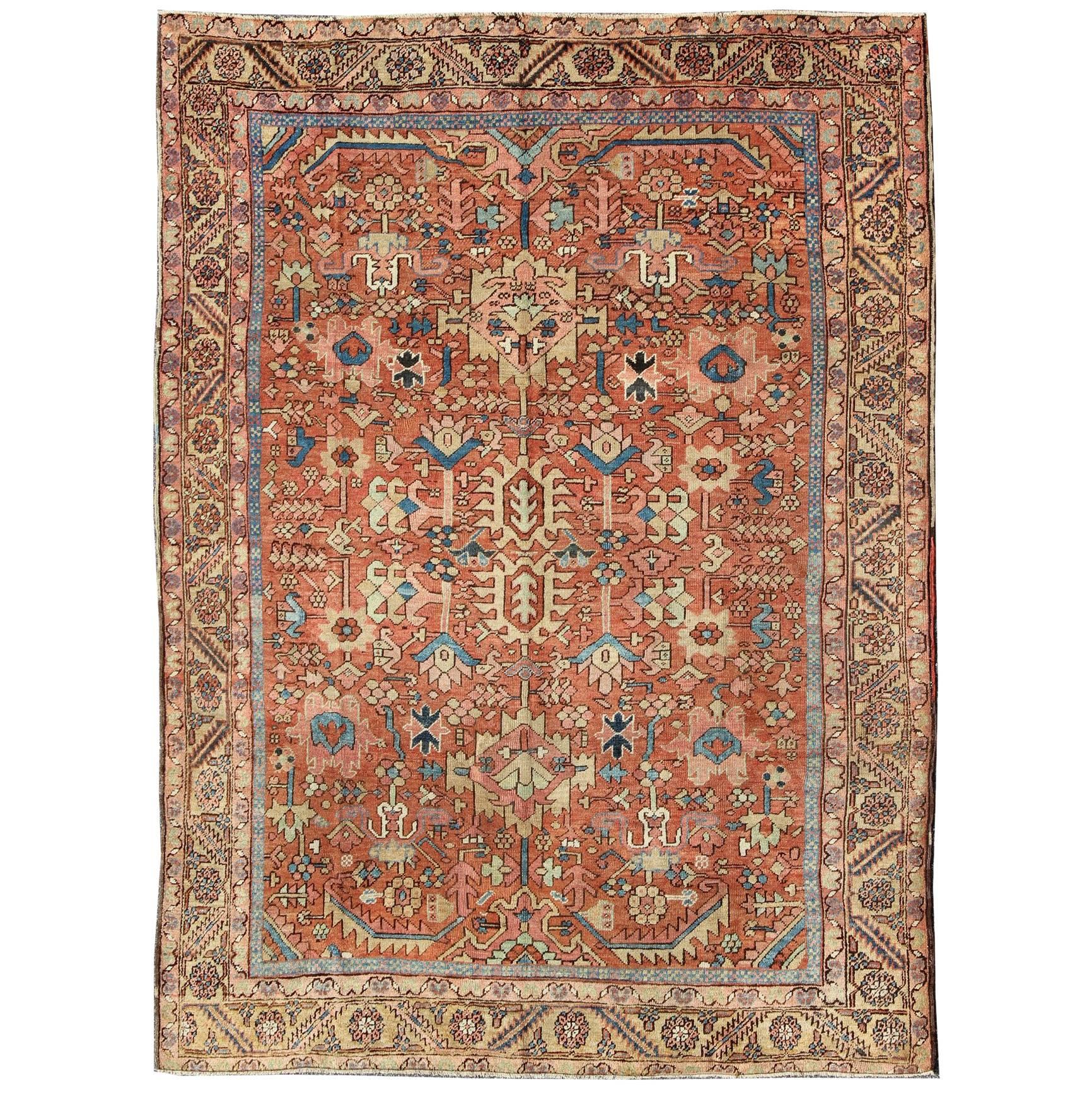 Antique All-Over Persian Heriz Rug in Faded Rust and Gold Colors