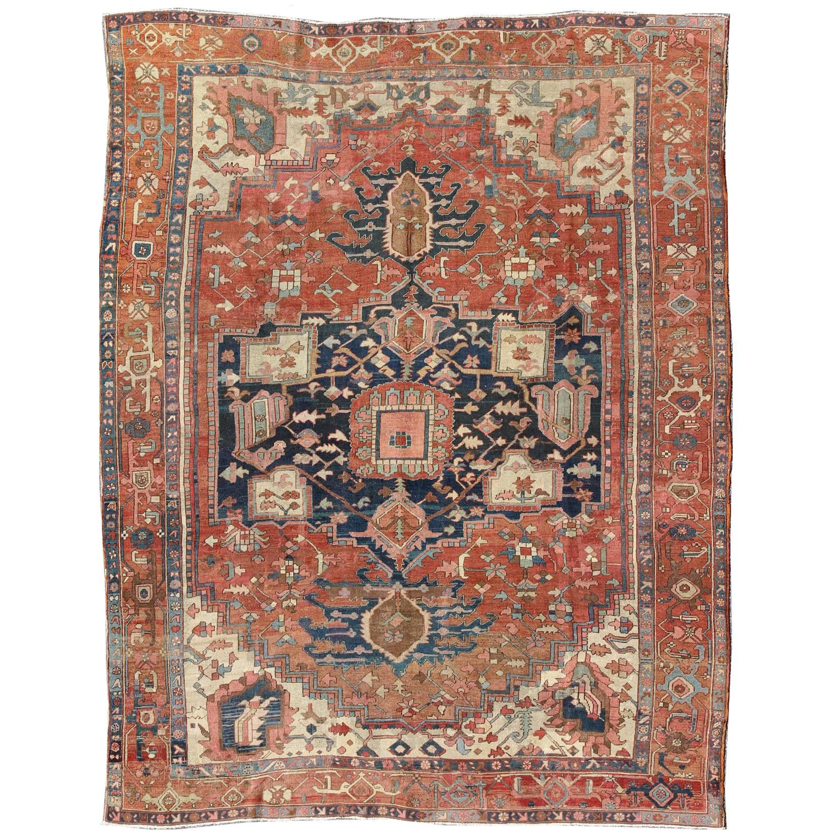 Antique Persian Serapi Rug With Medallion in Rusty-Orange, Blue and Cream's  For Sale