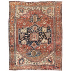 Antique Persian Serapi Rug With Medallion in Rusty-Orange, Blue and Cream's 
