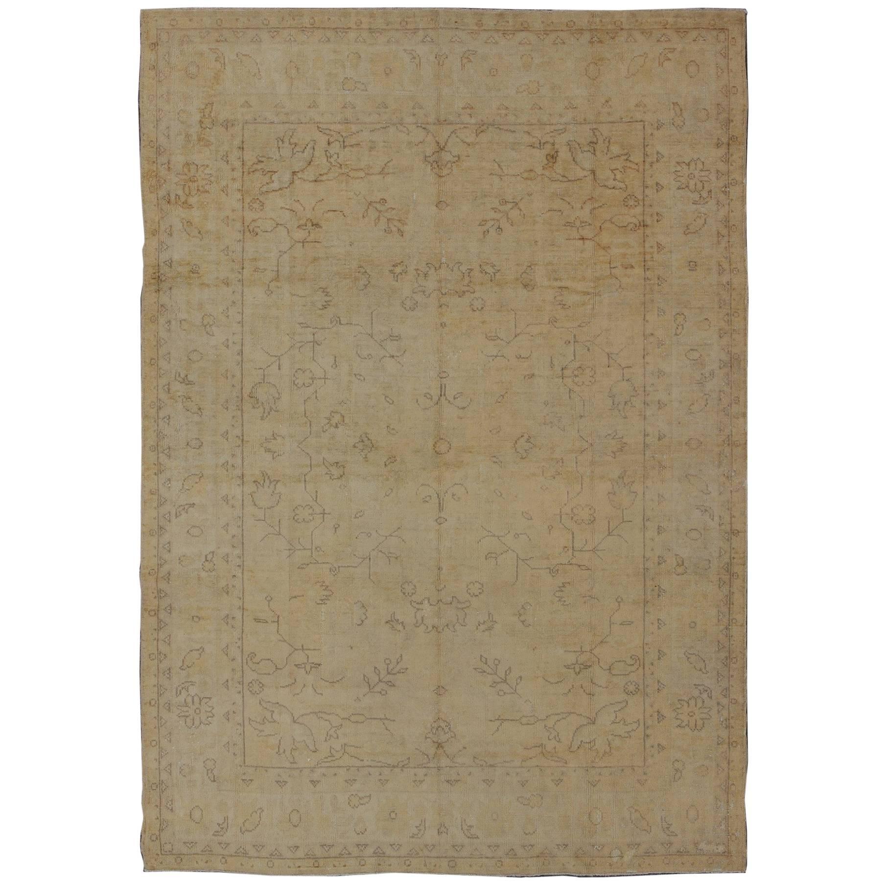 Cream Color Antique Turkish Oushak Rug with all Over Design