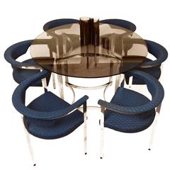 1970s Circular Table and Six Armchairs Dining Set
