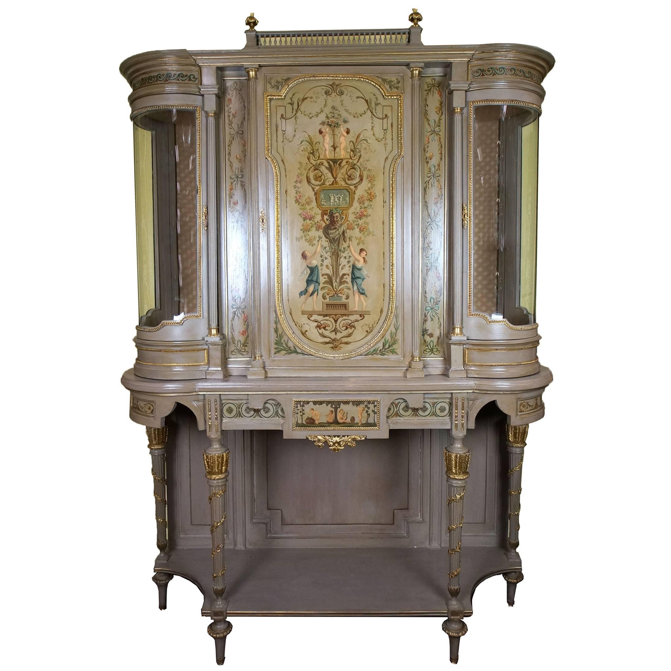 19th Century French Louis XVI Style Bronze-Mounted Tall Painted Vitrine Cabinet