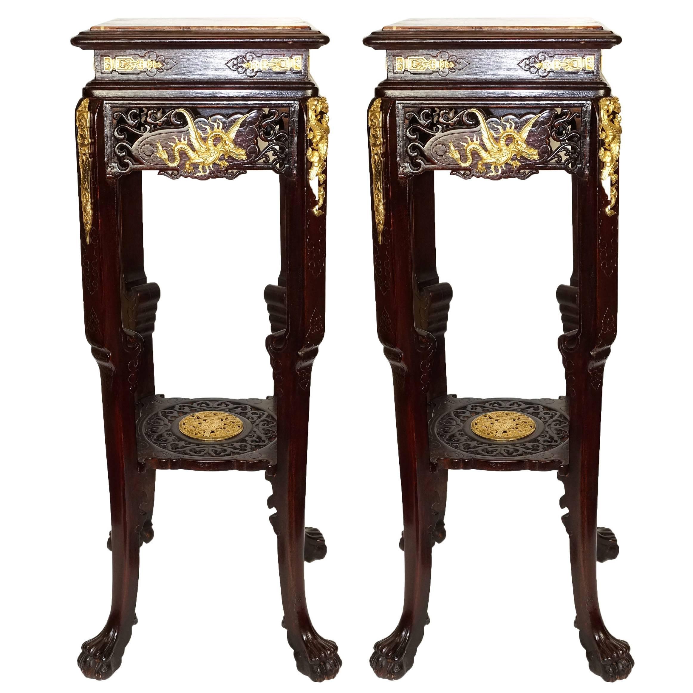 Pair of Japanned Marble-Top Square Pedestals for the Oriental Market