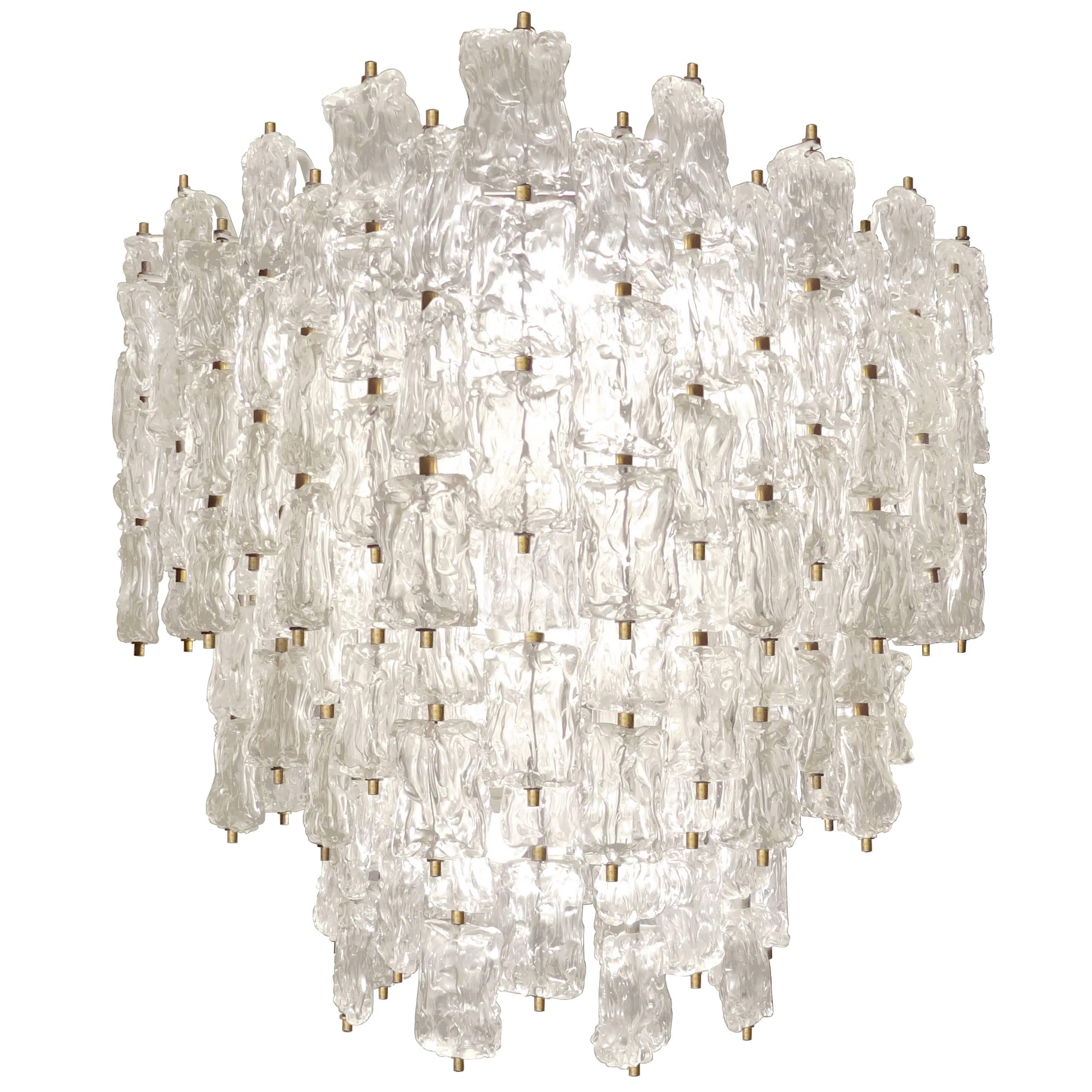 Large Aureliano Toso Brass and Textured Glass Chandelier For Sale