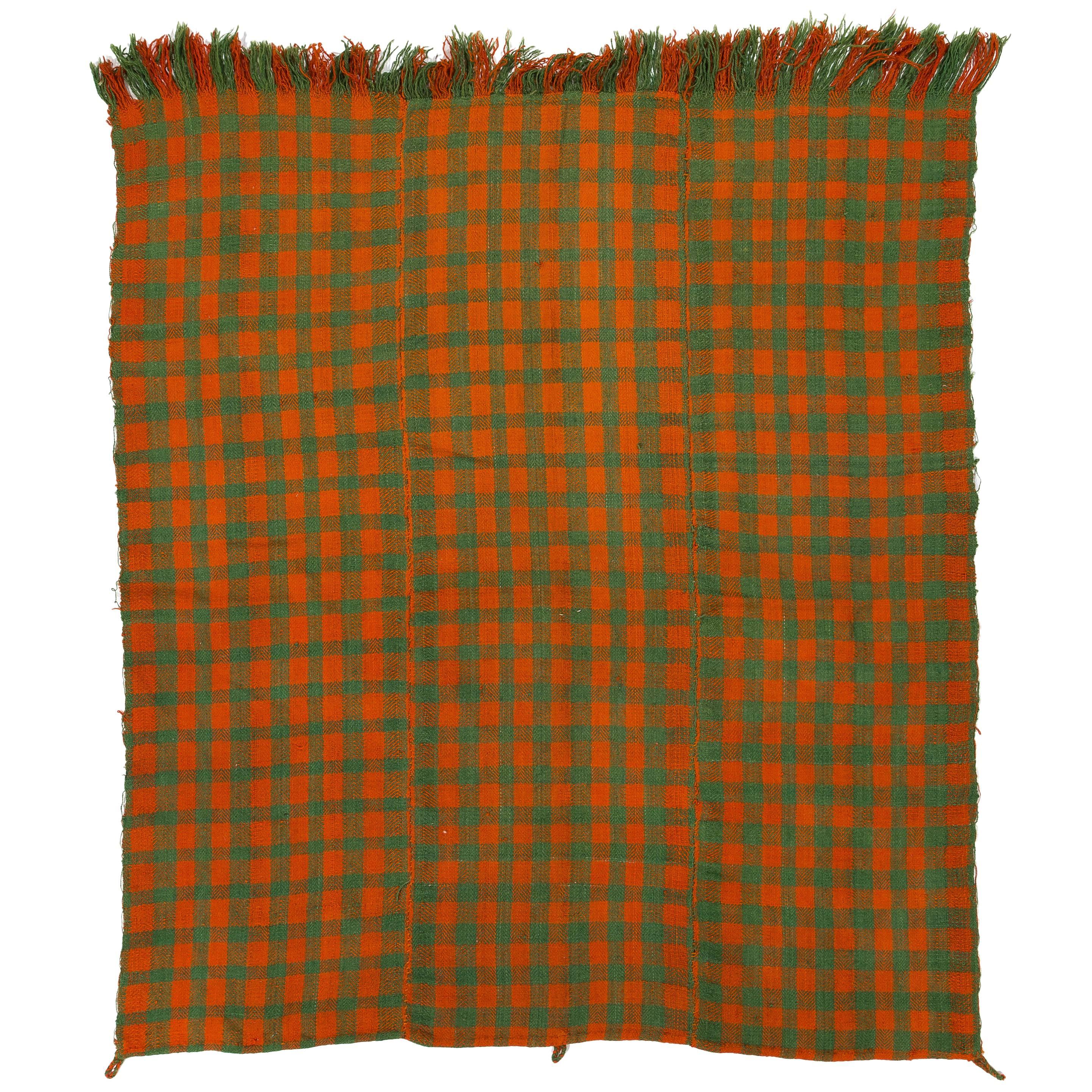 Chequered Turkish Kilim in Orange and Green Colors