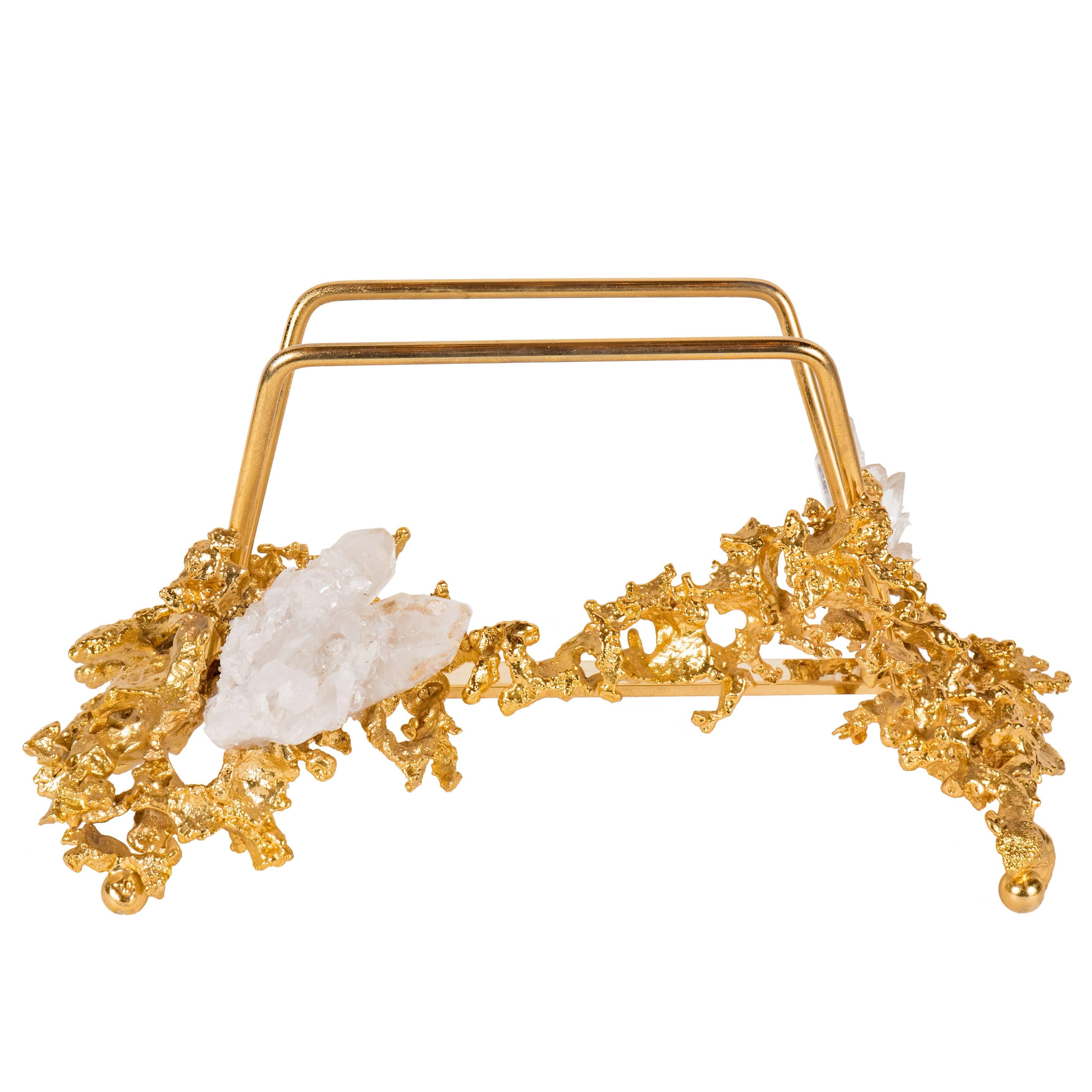 Luxe Letter Holder by Claude Boeltz in Gilded Bronze and Rock Crystal