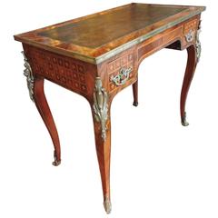 French Petite Writing Table with Leather Top, Bronze Mounts and Marquetry Inlay