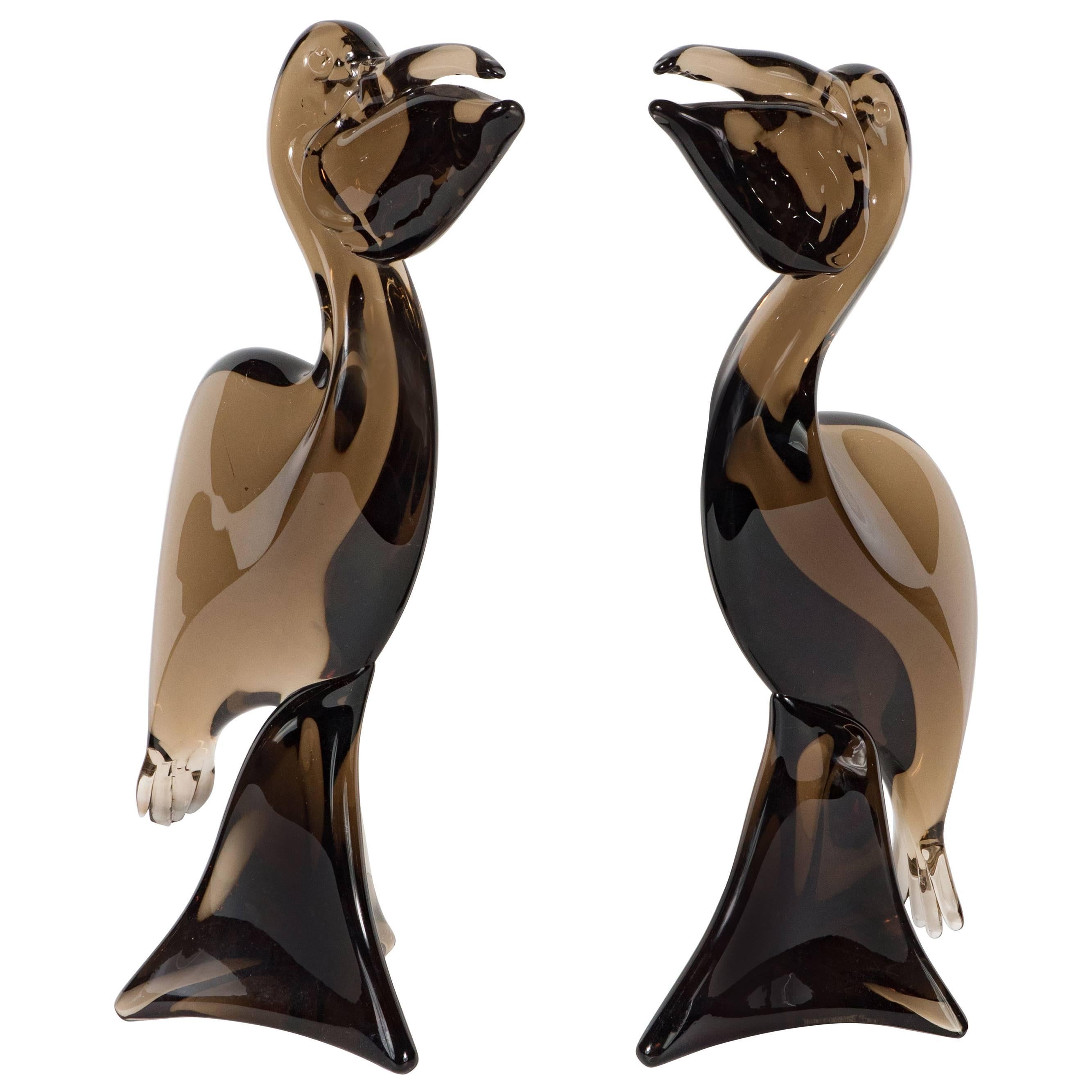 Pair of Mid-Century Handblown Smoked Murano Glass Pelicans by Licio Zanetti