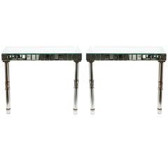 Gorgeous Pair of 1920s Art Deco Mirrored, Crystal, Silver Plate Wall Consoles