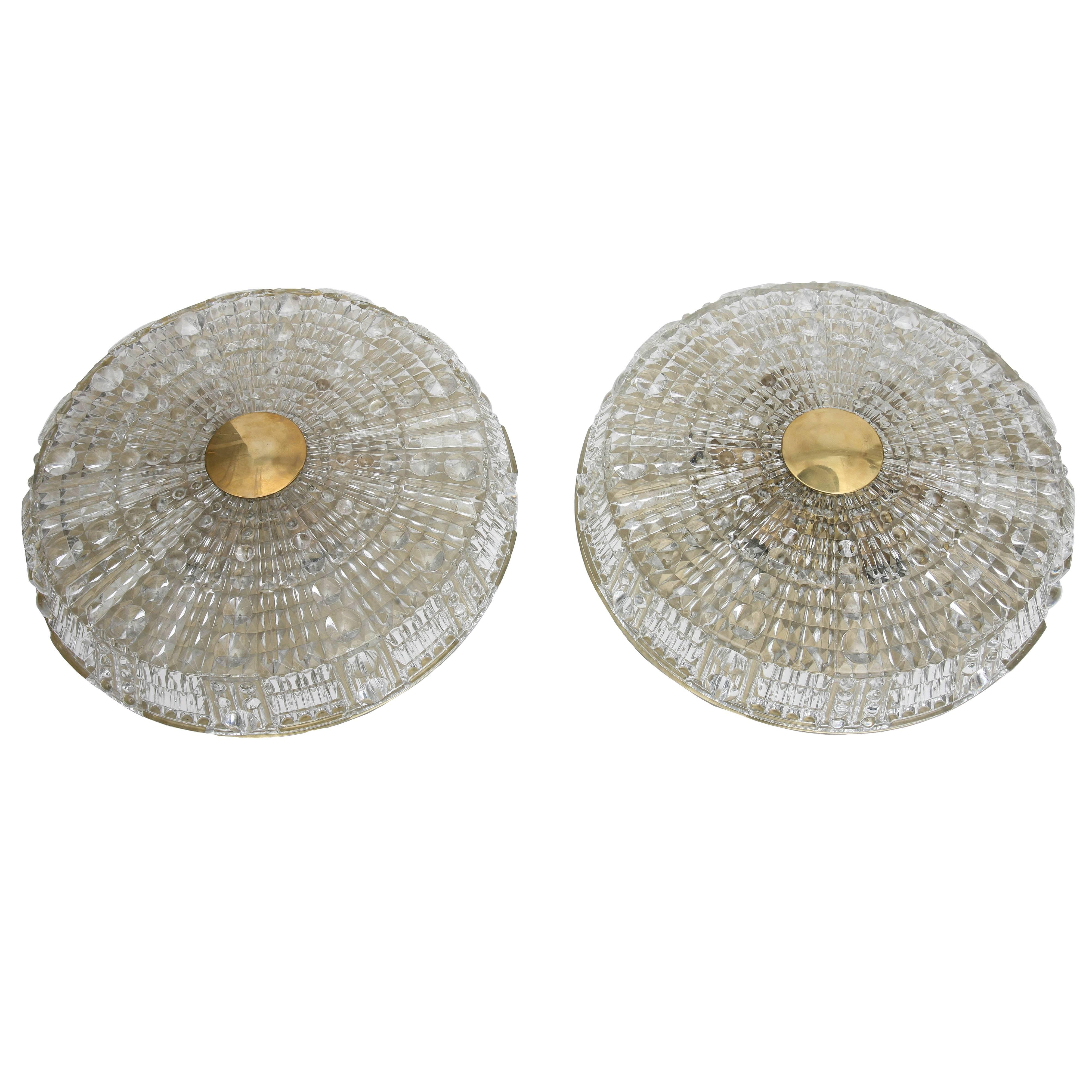 Pair of Orrefors Crystal Flush Mount Light Fixtures by Carl Fagerlund, 1960s