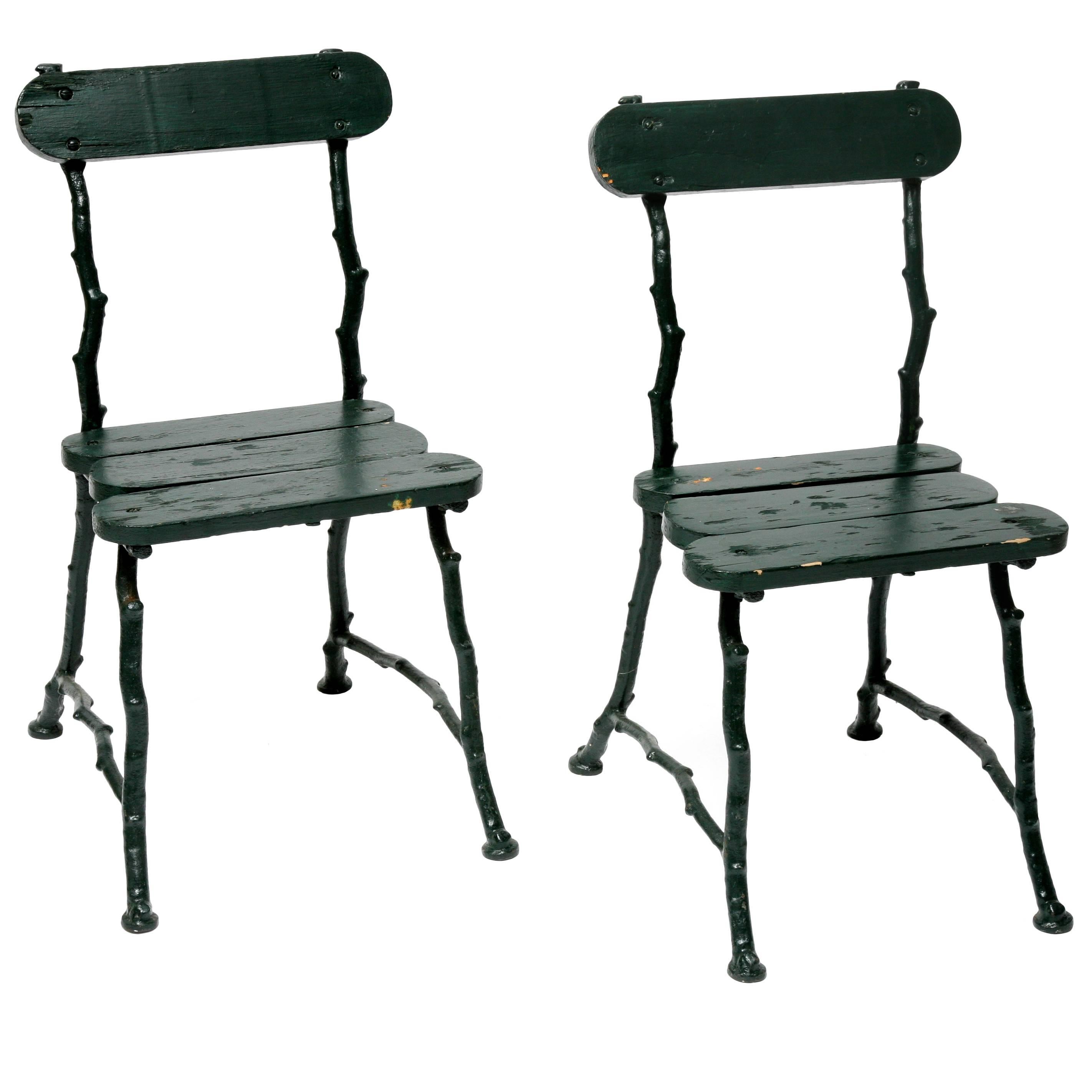 Pair of 1920s, English, Dark Green Faux Bois Garden Side Chairs