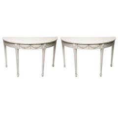 Pair of Grey Painted French-Regency Style, Demilune Consoles, circa 1900