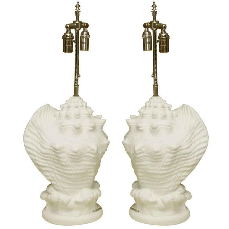 Pair of Plaster Composition Shell Table Lamps