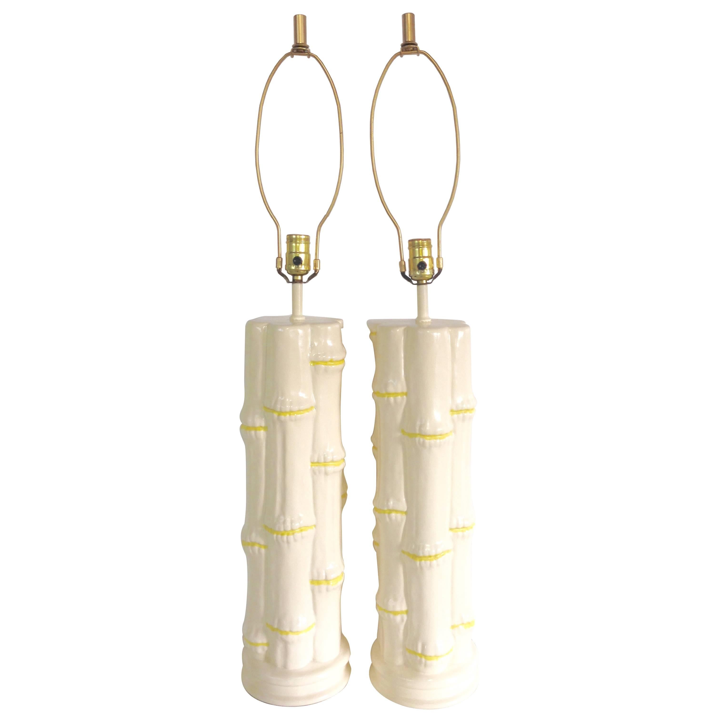 1960'S Pair Of Ceramic White & Yellow Faux-Bamboo Table Lamps For Sale