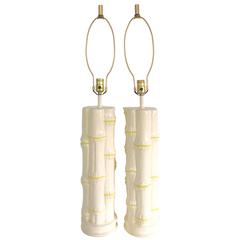 1960'S Pair Of Ceramic White & Yellow Faux-Bamboo Table Lamps