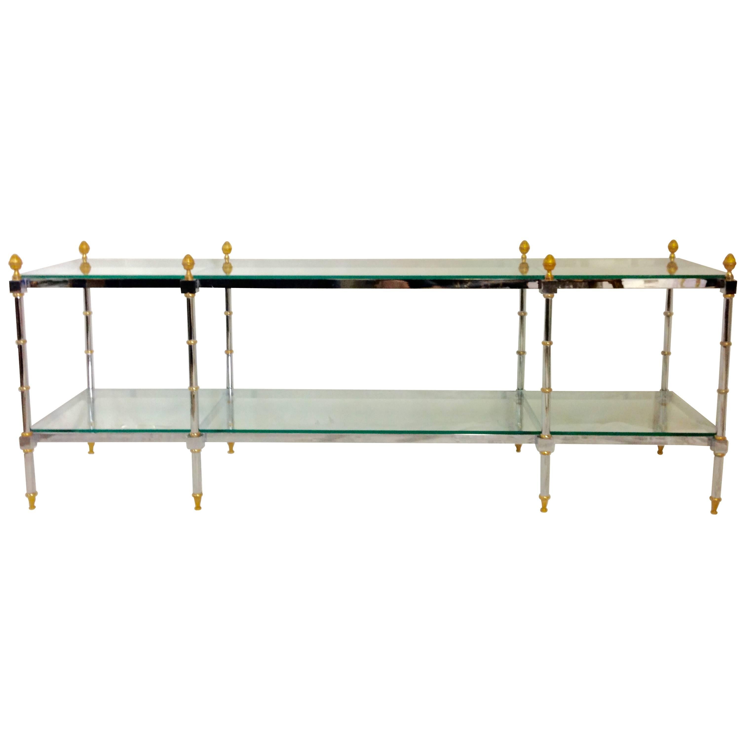 1970'S Maison Jansen Style Chrome and Glass Two-Tier Console Table For Sale