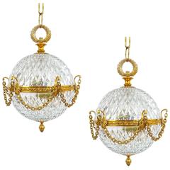 Beautiful Pair of Neo-Empire Pendant Lights from Glass and Brass