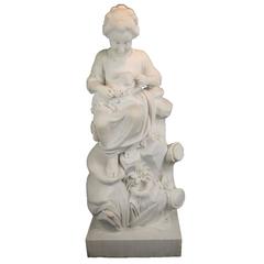 19th Century Carved Italian White Marble Group of a Seated Girl Holding Sheep
