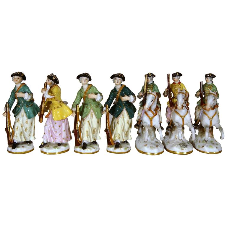 Set of Seven 19th Century Meissen Porcelain Huntresses Figurines For