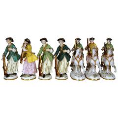 Antique Set of Seven 19th Century Meissen Porcelain Huntresses Figurines