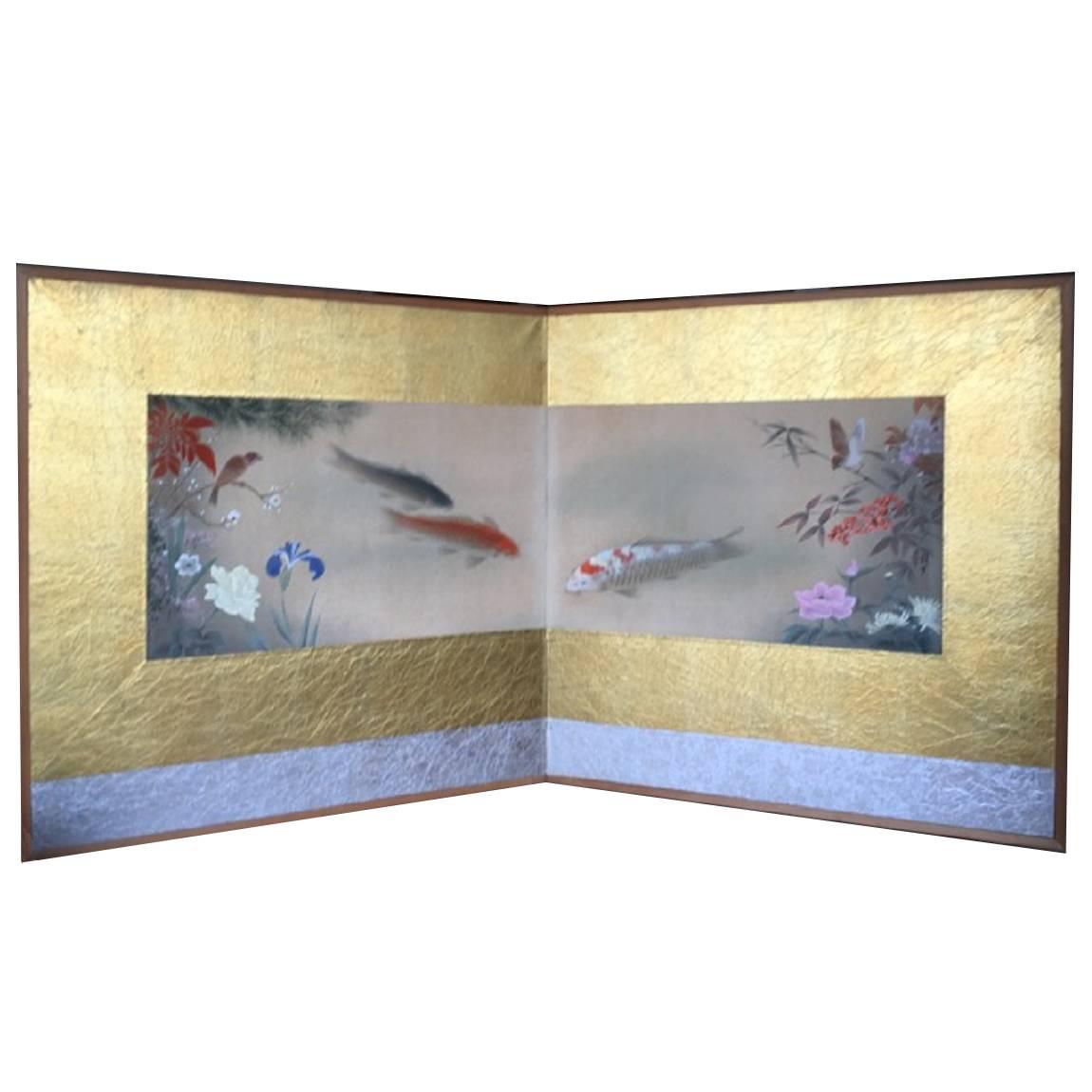 Japanese Antique Screen Koi Fish Flowers Birds blue, red, green FREE SHIPPING