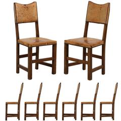 Set of Eight English Oak and Leather Vintage Dining Chairs, Early 20th Century