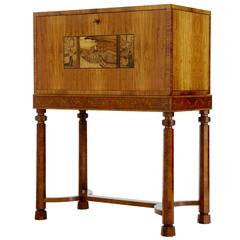 Used Rare 1950s Swedish Inlaid Satinwood Writing Cabinet on Stand