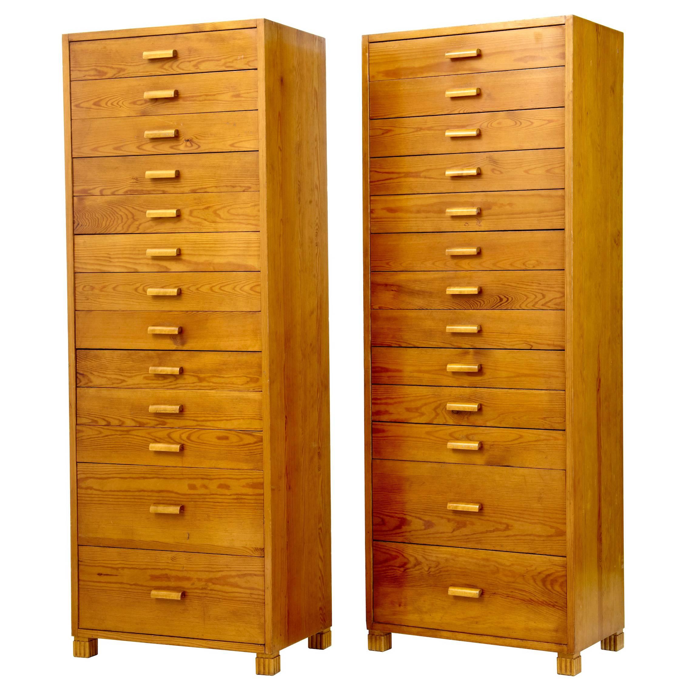 Pair of 1950s Swedish Pine Tall Chest of Drawers