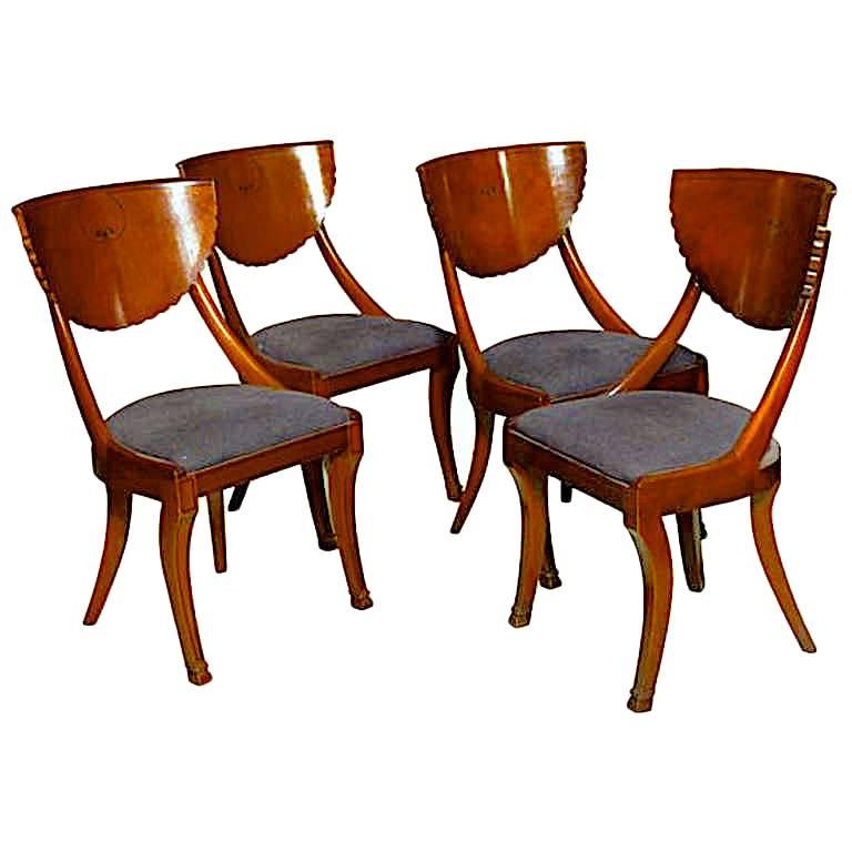 Chic Klismos Set Mellowed Burl Wood Scallop Back Dining Chairs- Black Inlay