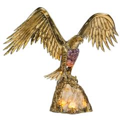 Amethyst and Quartz Crystal Brass Eagle Sculpture, Sign J.D Brasseur 4