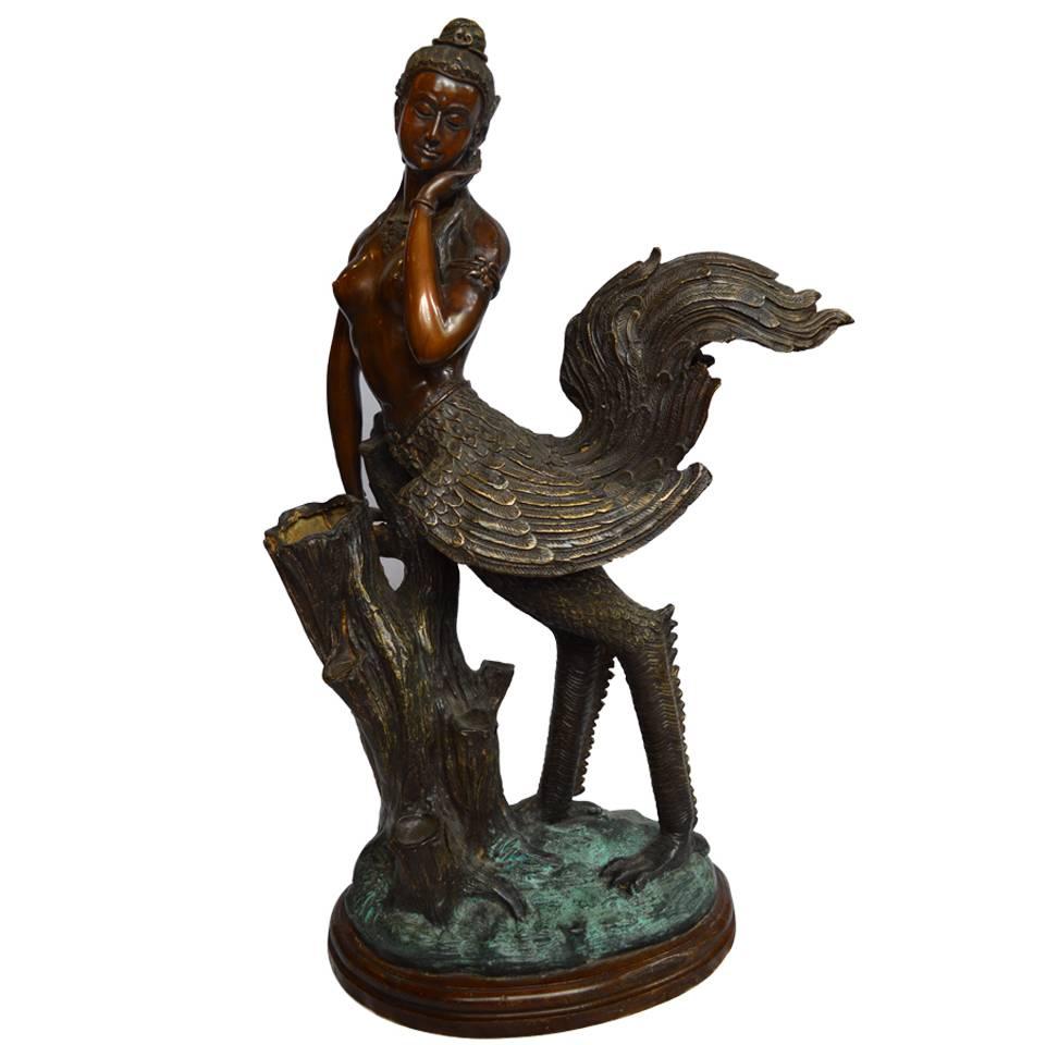 Thai Bronze Sculpture of a Mythical Figure with a Nude Female Torso and Wings For Sale