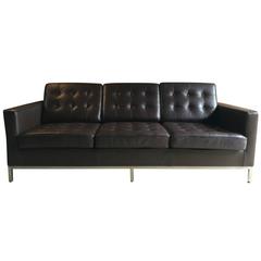 Florence Knoll Style Three-Seat Sofa Settee Brown Leather Two