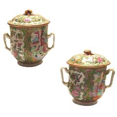 Rare Pair of Antique Chinese Export Rose Medallion Covered Cups, circa 1850 Rare Pair of Antique Chinese Export Rose Medallion Covered Cups, circa 1850