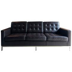 Florence Knoll Style Three-Seat Sofa Settee in Brown Leather, One