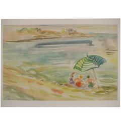 Mid-Century Watercolor of Beach Scene with Bathers and Beach Umbrella