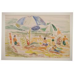 Mid-Century Watercolor of Beach Scene with Bathers and Beach Umbrellas