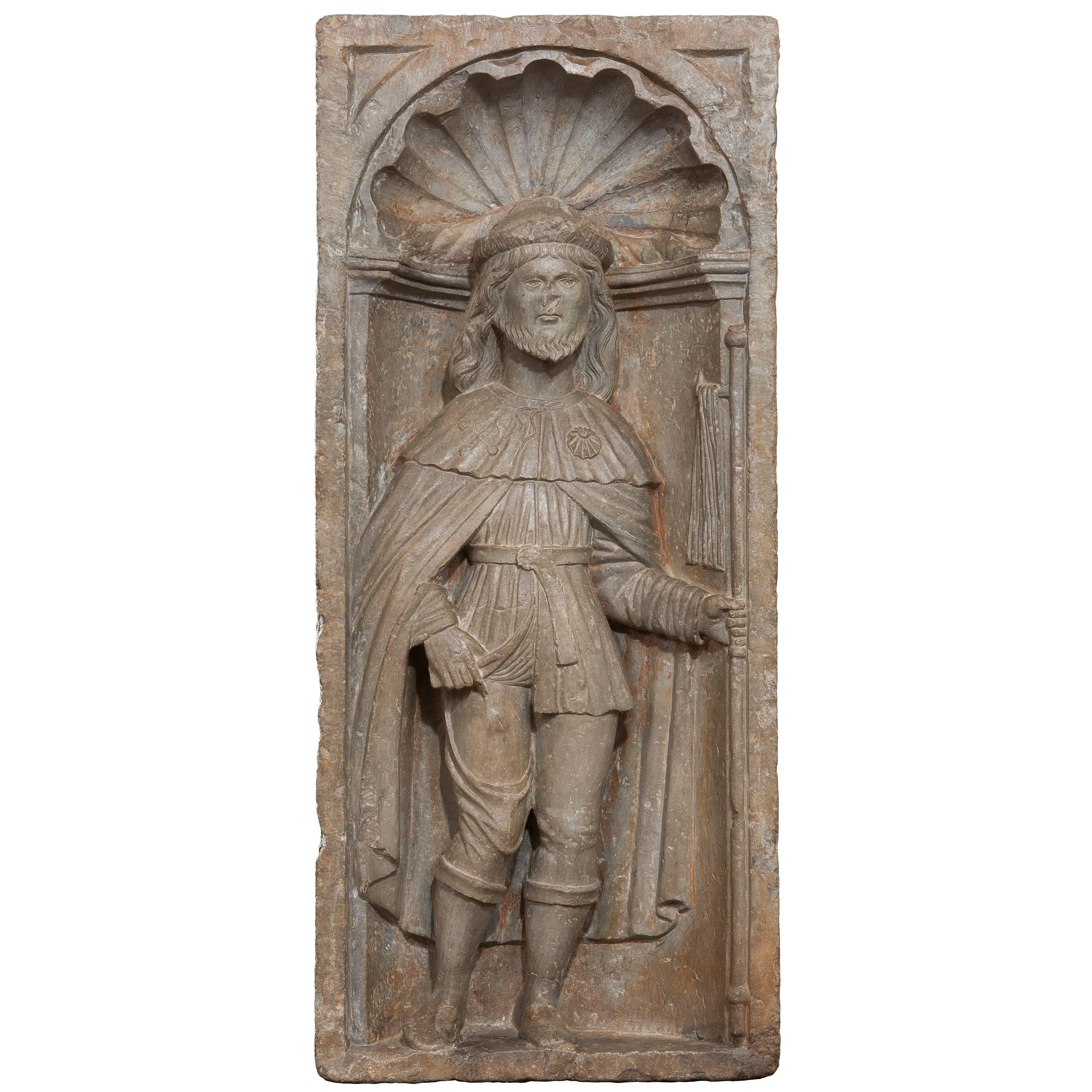 Stone Bas-Relief Depicting Saint Rocco, 14th-15th Century For Sale