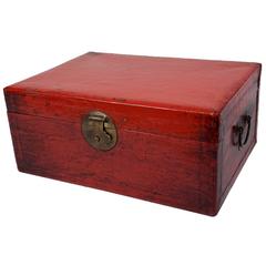 Antique Chinese Red Lacquer Coffee Table Leather Trunk with Brass Hardware 19th Century 