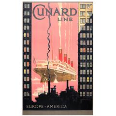 Antique Original 1925 Cruise Ship Poster by KD Shoesmith, "Cunard Line Europe, " America