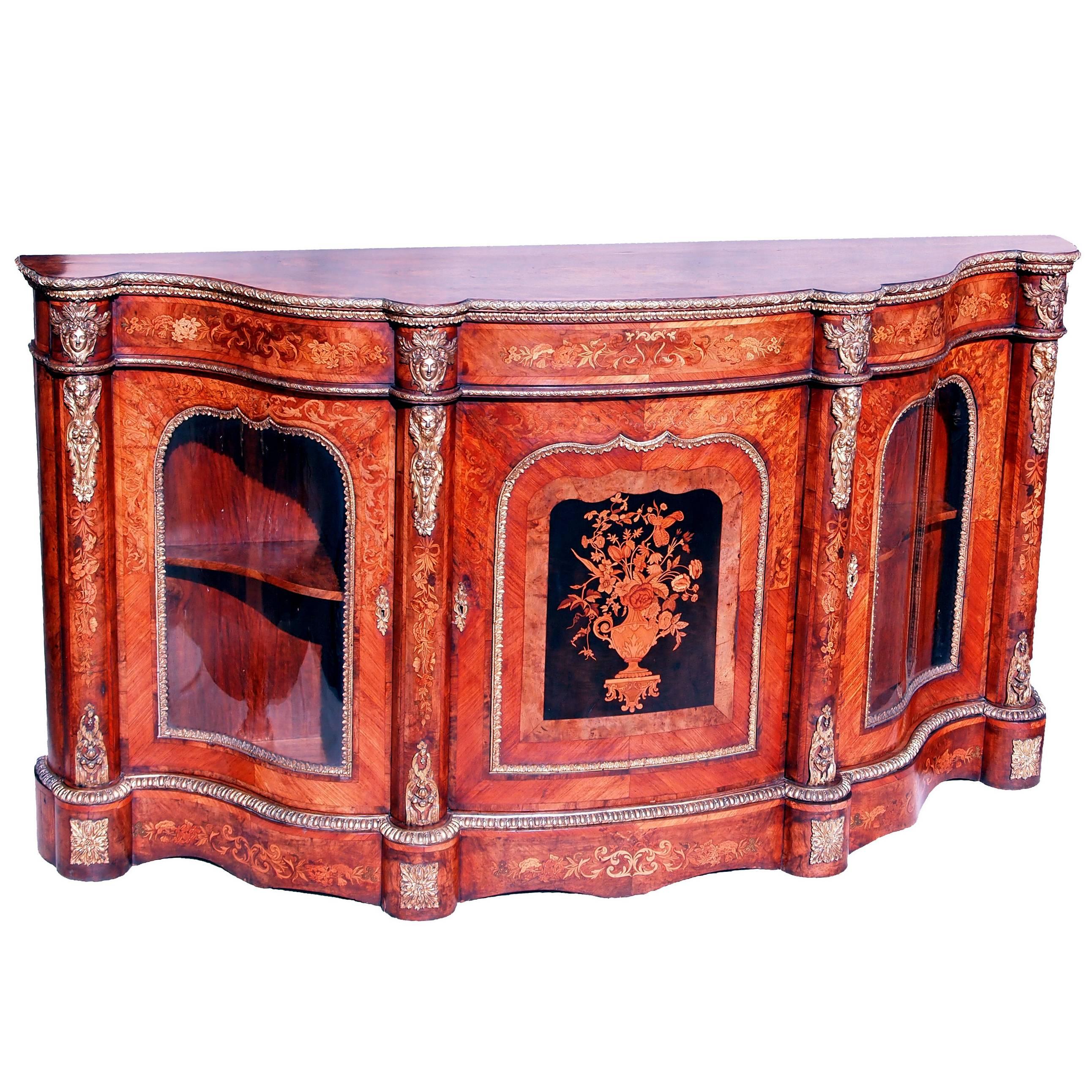 Antique 19th Century Walnut and Marquetry Credenza Side Cabinet