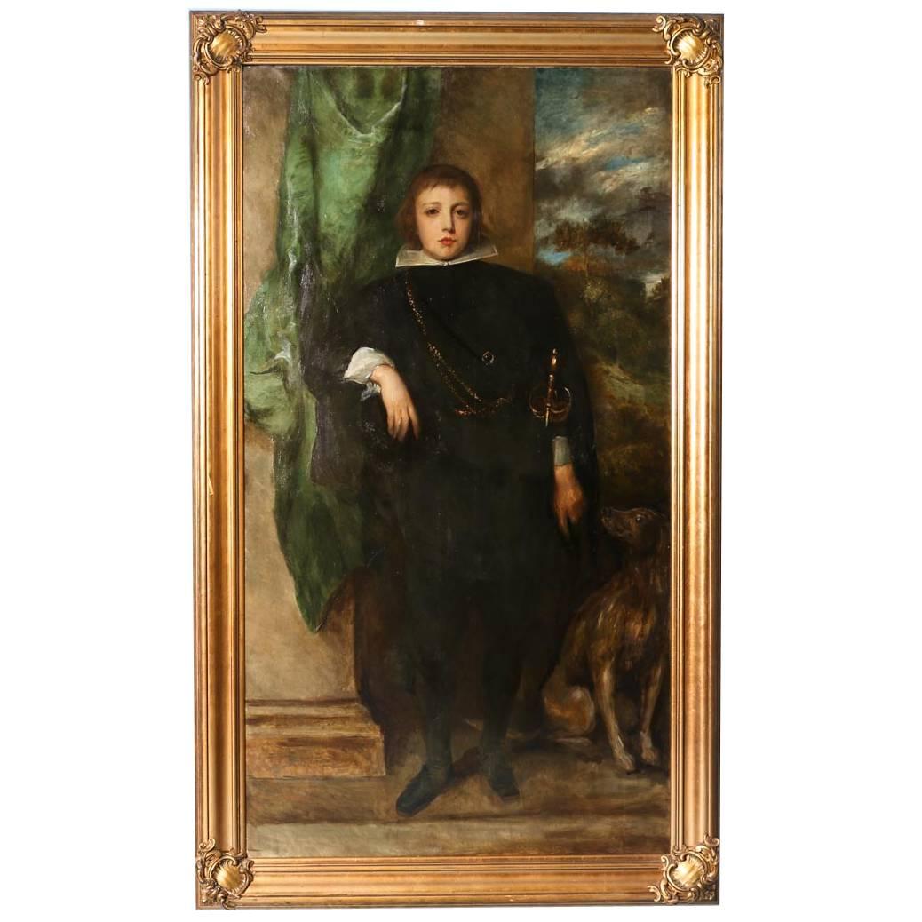 Large Original Oil on Canvas, Young Noble Boy and His Dog