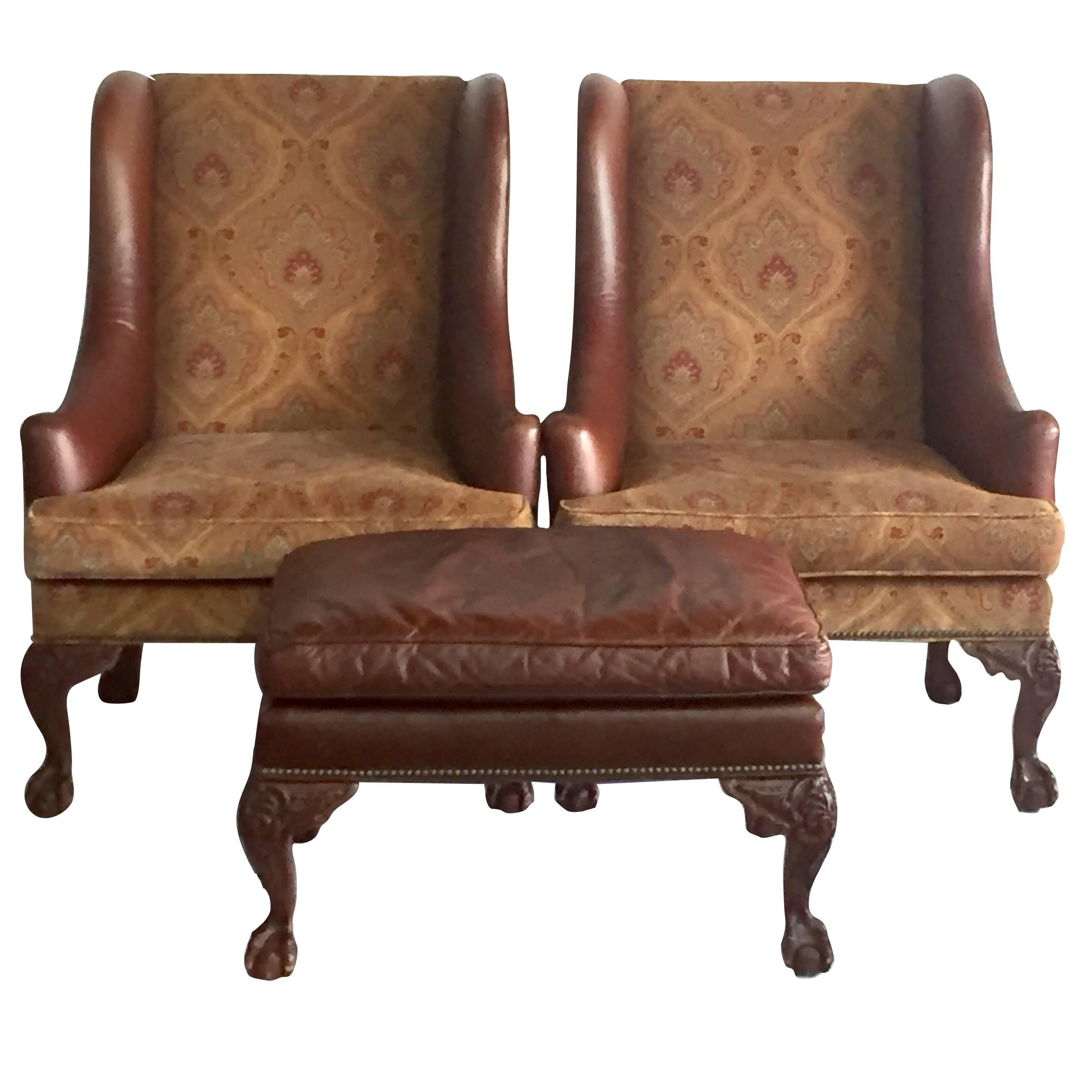 Henredon Leather George II Period Wing Chairs and Ottoman Three-Piece Set