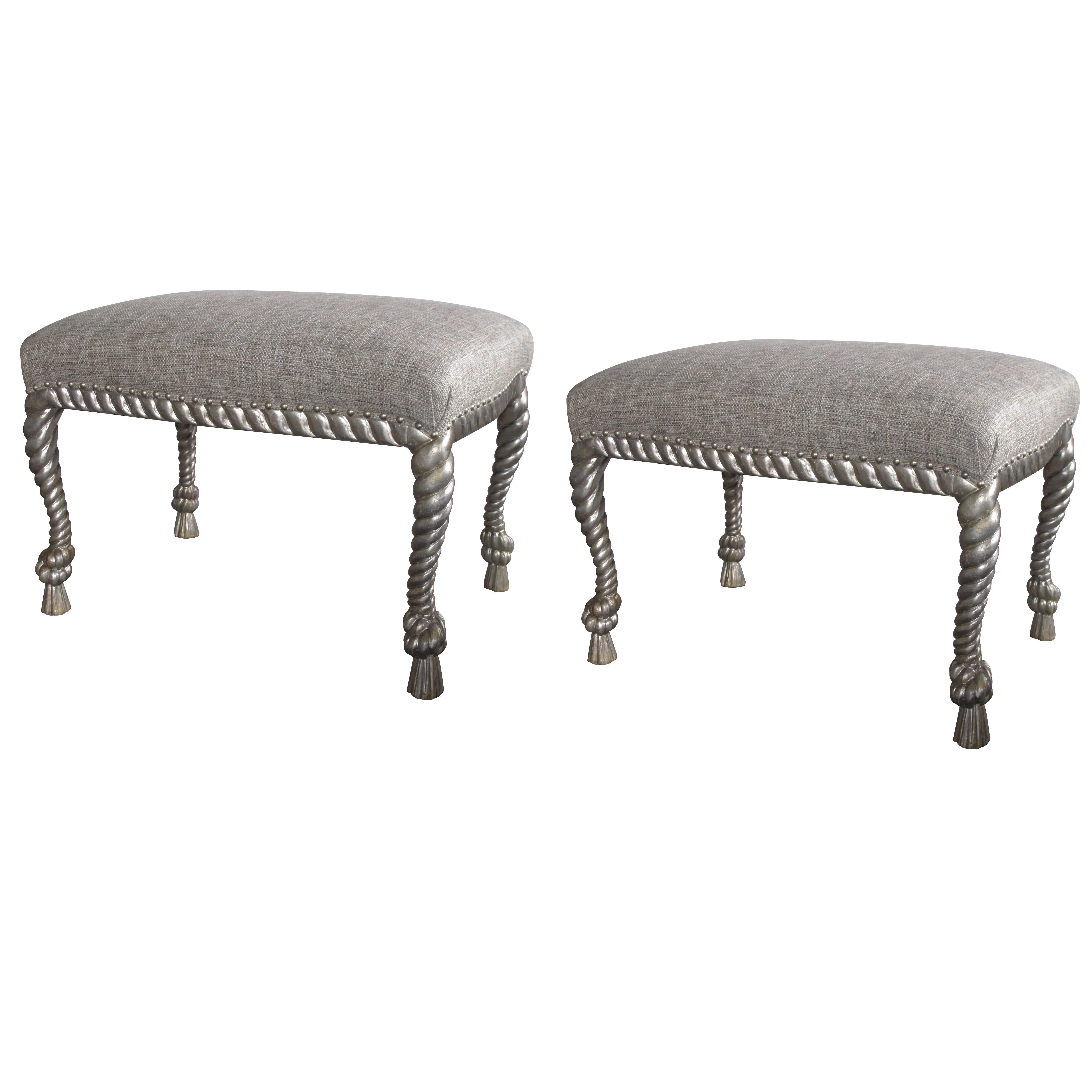Stylish Pair of American Dorothy Draper Style Silver Twisted Gilt Rope Stools