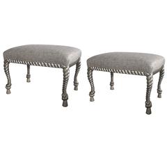 Stylish Pair of American Dorothy Draper Style Silver Twisted Gilt Rope Stools