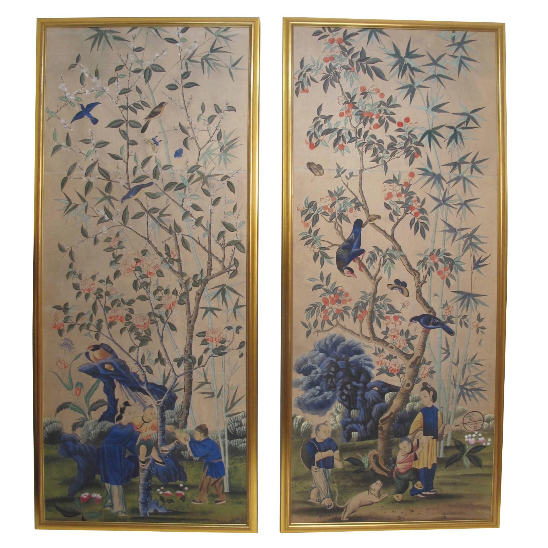 Large Antique Hand Painted Chinese Wallpaper Panels