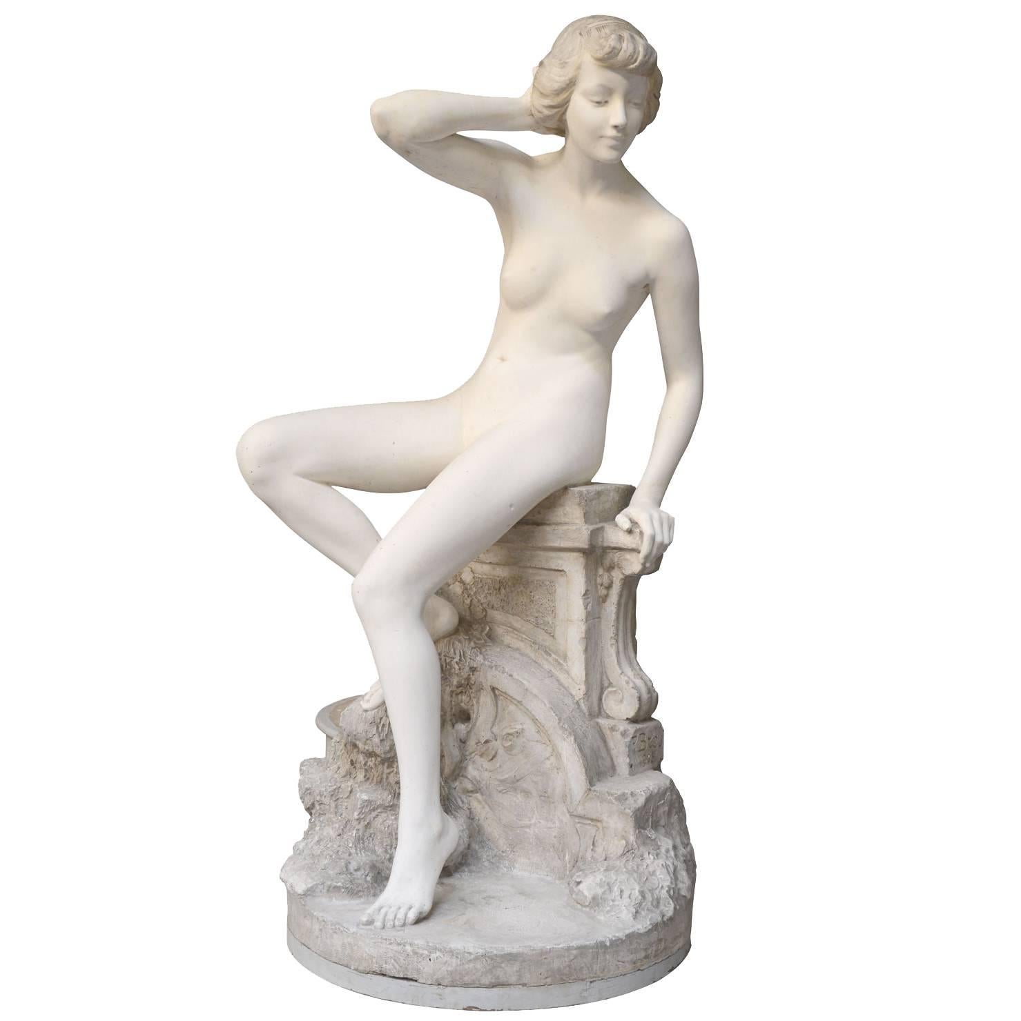 "Nude Woman Sitting on a Balustrade", Plaster Statue by Frederic Brou, 20th C. For Sale